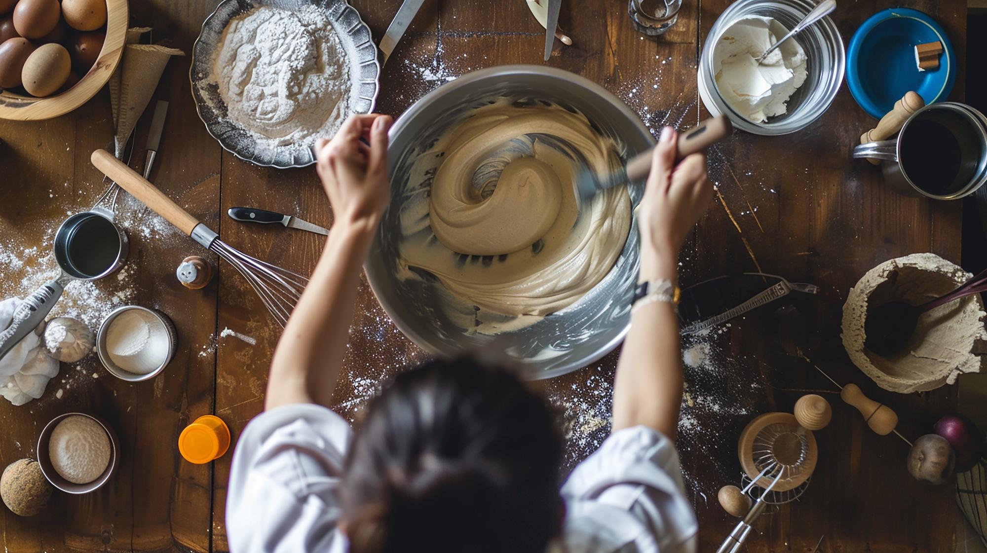 Chef che prepara una torta artigianale su tavolo in legno